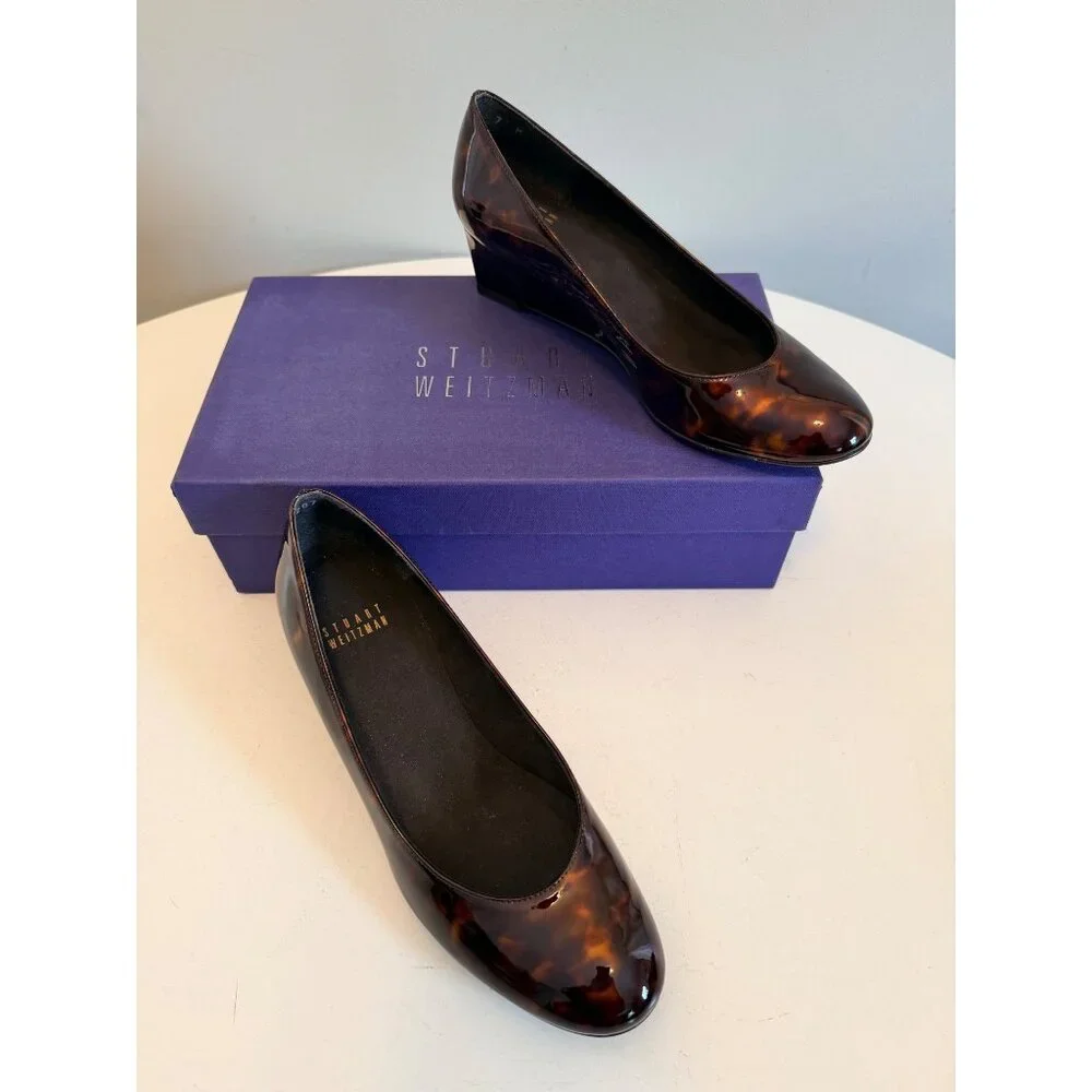 Stuart Weitzman Nusimple Cognac Tartaruga Patent Leather Wedge Shoes 7M With Box - Picture 2 of 16